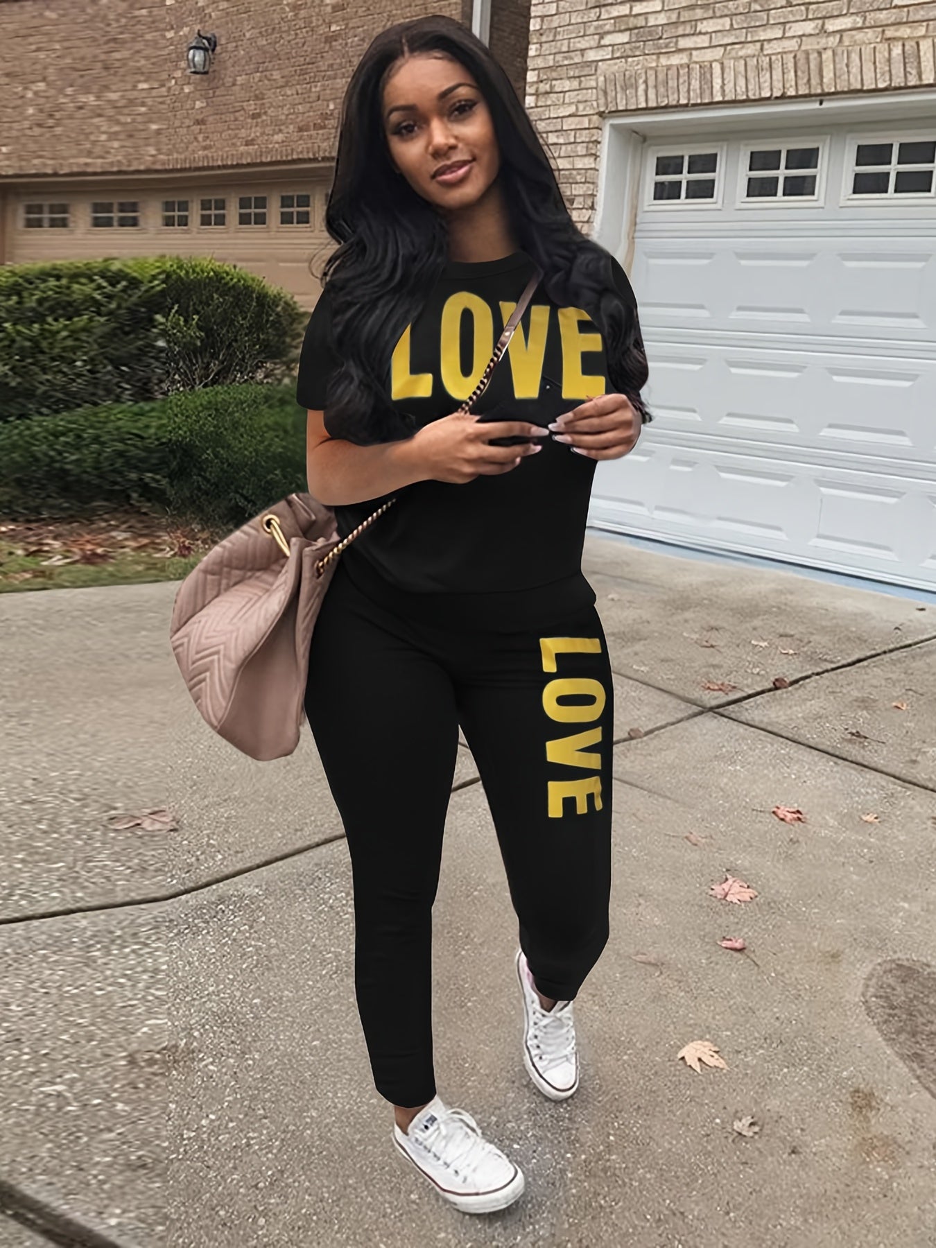 Love Print Short Sleeve Top & Pants Set Women's Plus Sport