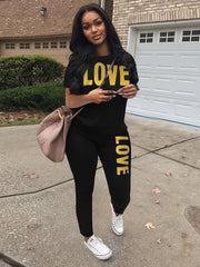 Love Print Short Sleeve Top & Pants Set Women's Plus Sport