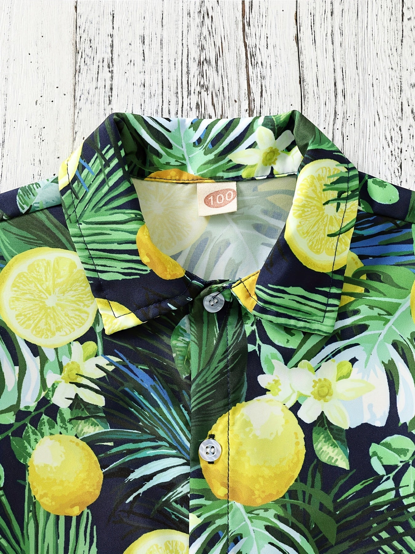 Boys Lemon Leaf & Flower Print Shirt, Summer Vacation Beach Clothes