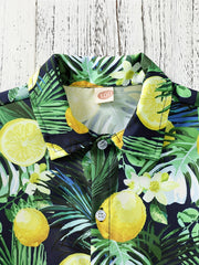 Boys Lemon Leaf & Flower Print Shirt, Summer Vacation Beach Clothes