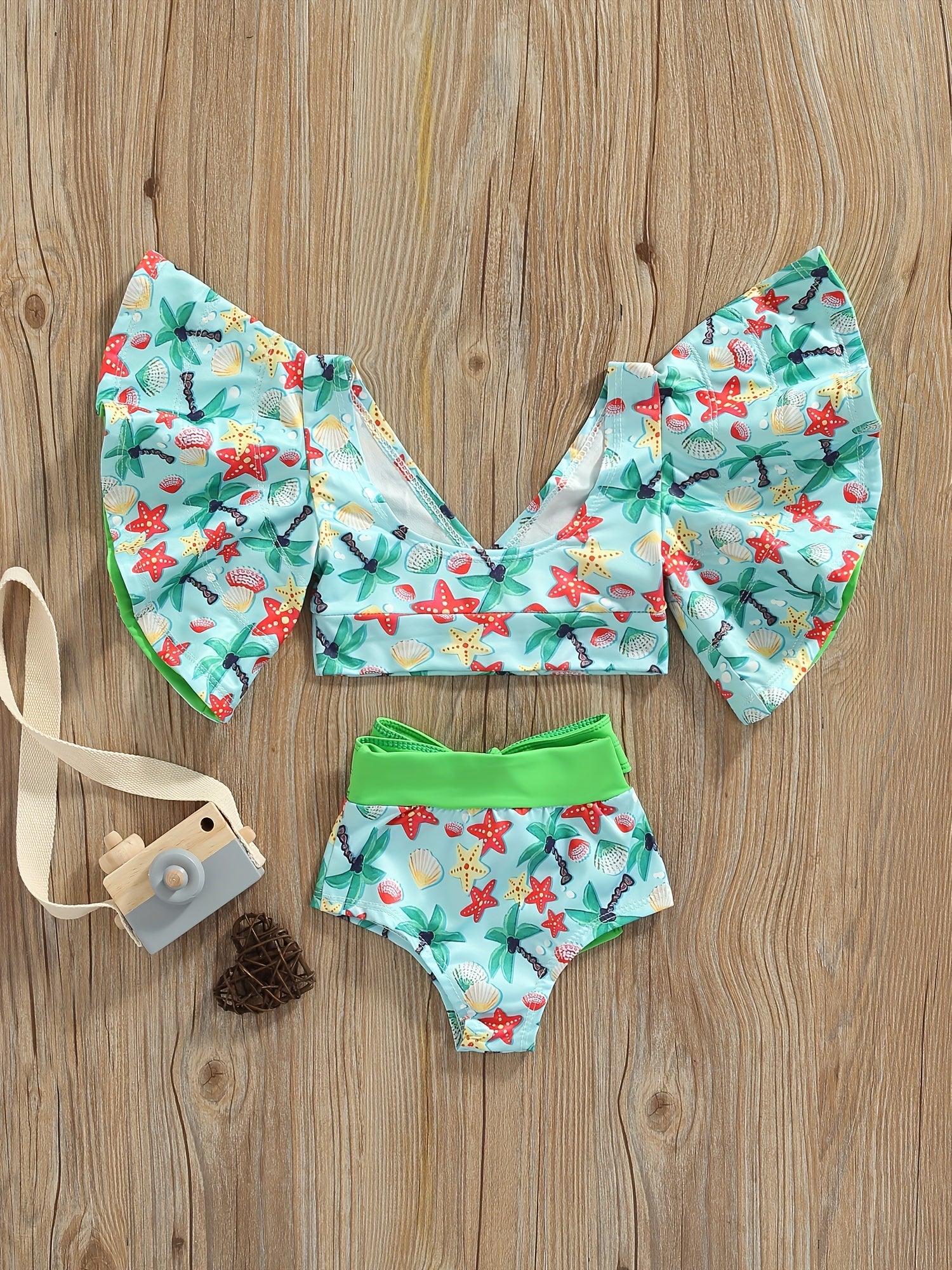 2pcs Baby Girls Striped Lemon Top & Bowknot Shorts Swimsuit Set