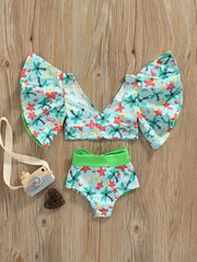 2pcs Baby Girls Striped Lemon Top & Bowknot Shorts Swimsuit Set