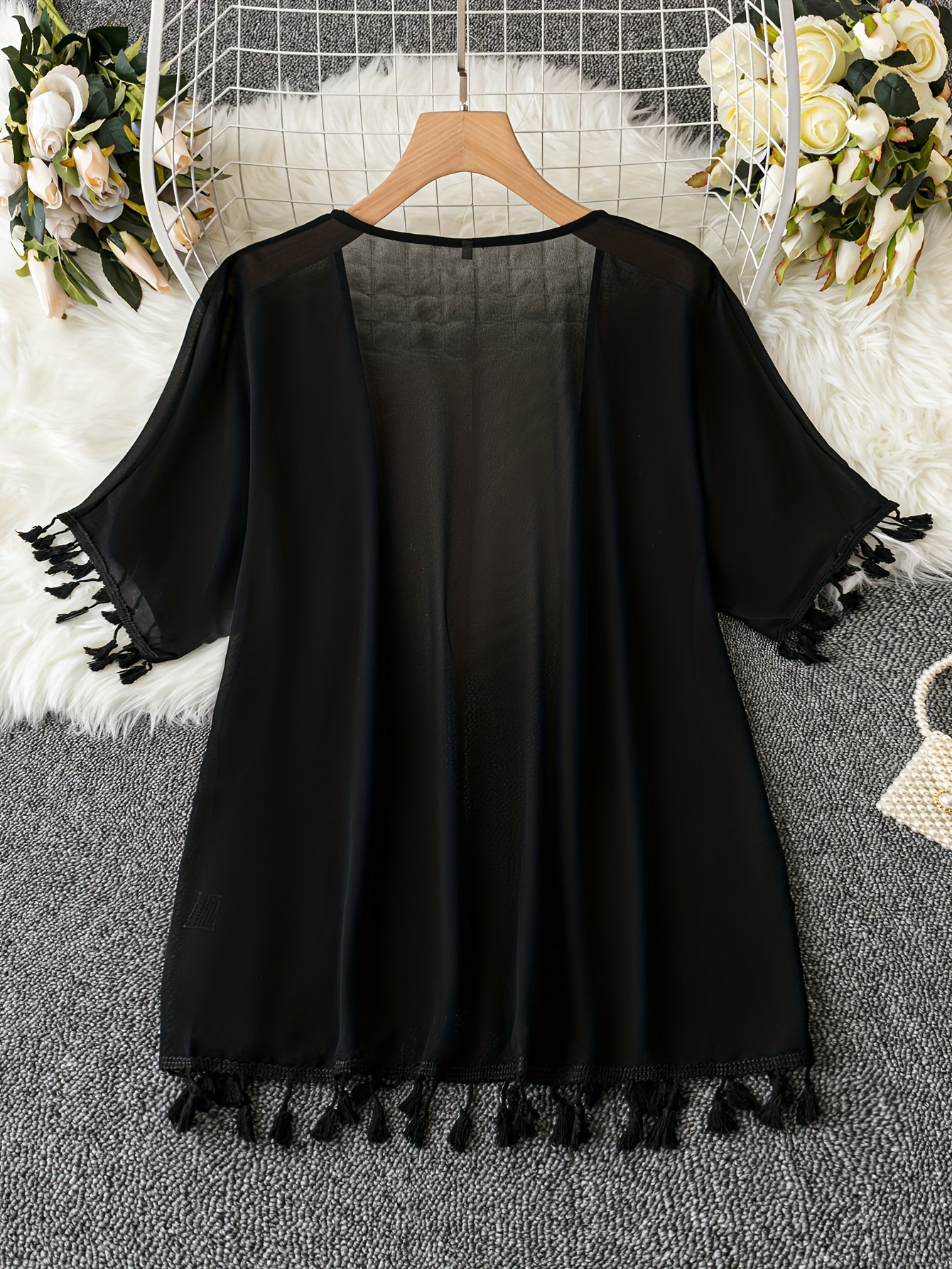 Casual Kimono Solid Short Sleeve Open Front Tassel Trim L