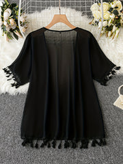 Casual Kimono Solid Short Sleeve Open Front Tassel Trim L