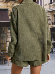 Plus Solid Long Sleeve Corduroy Shirt & Shorts Set