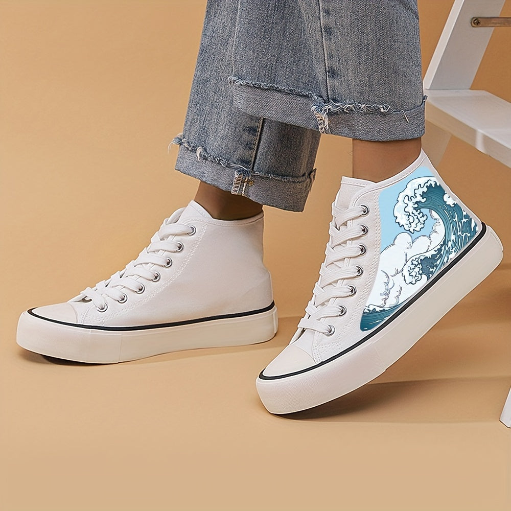 Women's High Top Canvas Skate Shoes with Wave Graphic