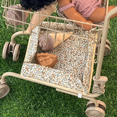 Floral Shopping Cart Toy with Storage Bags Foldable Dollhouse Grocery Cart