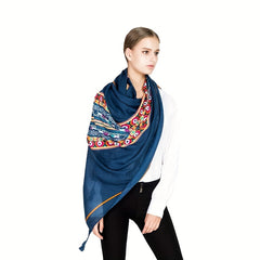Navy Boho Tassel Scarf Vintage Pop Stripe Print Voile Block Long Shawl