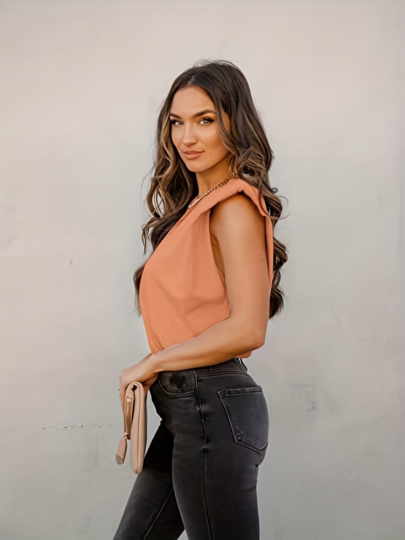Solid Padded Shoulder Top Casual Crew Neck Summer Versatile Top