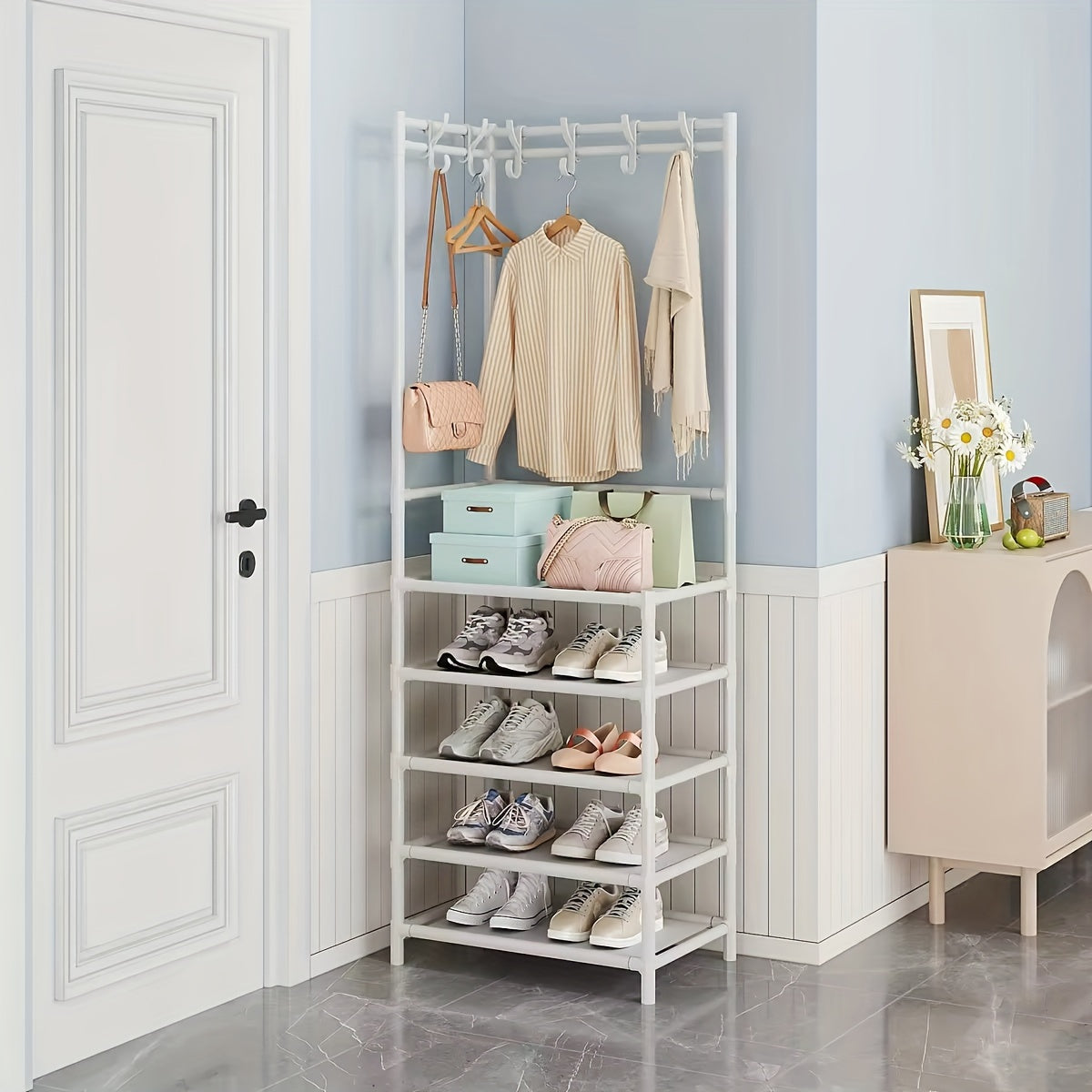 Coat Rack with Storage Shelves & 8 Hooks