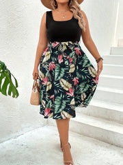 Colorblock Tropical Print Square Neck Midi Dress