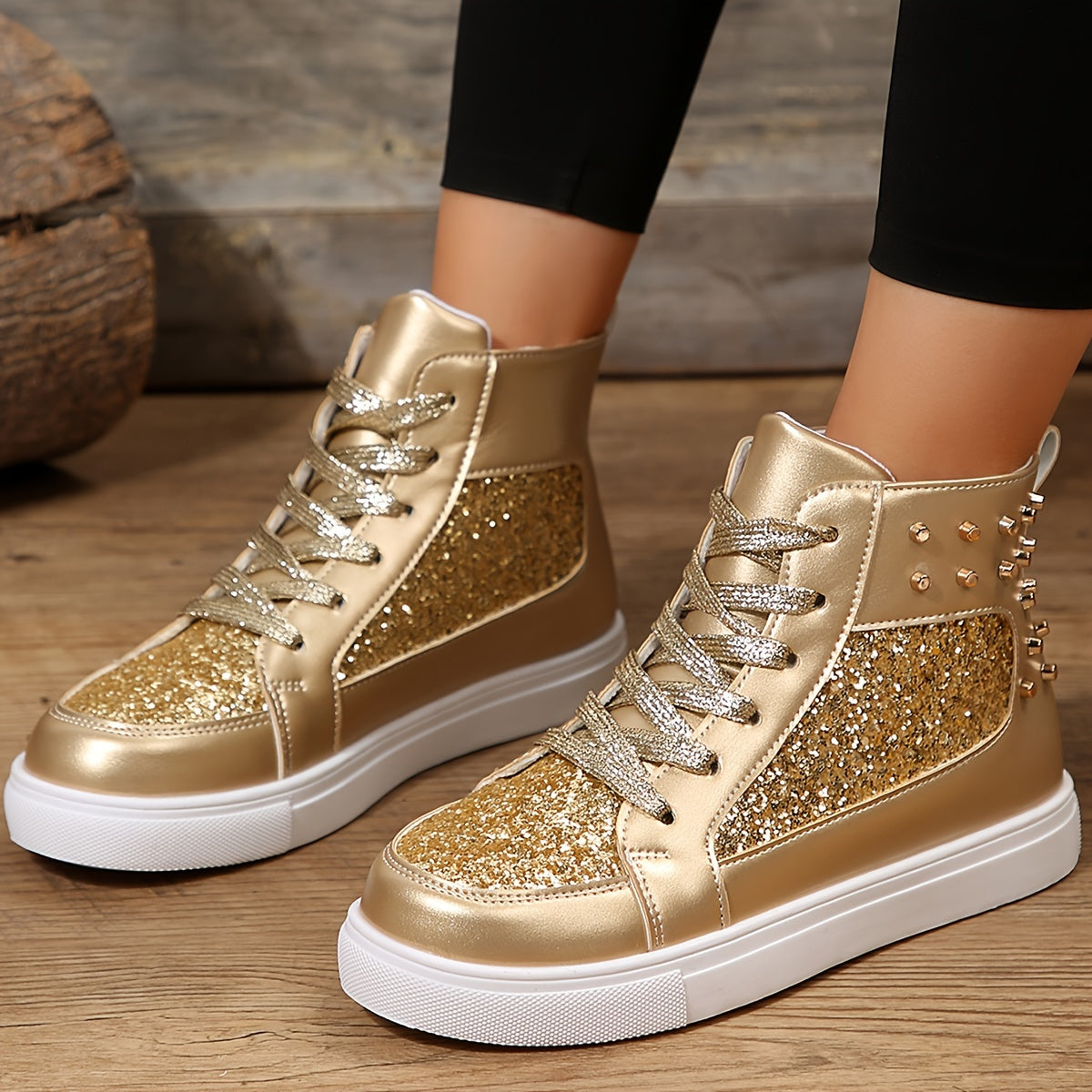High Top Glitter Skate Shoes Sequins Decor Faux Leather Sneakers