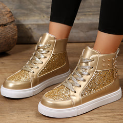 High Top Glitter Skate Shoes Sequins Decor Faux Leather Sneakers