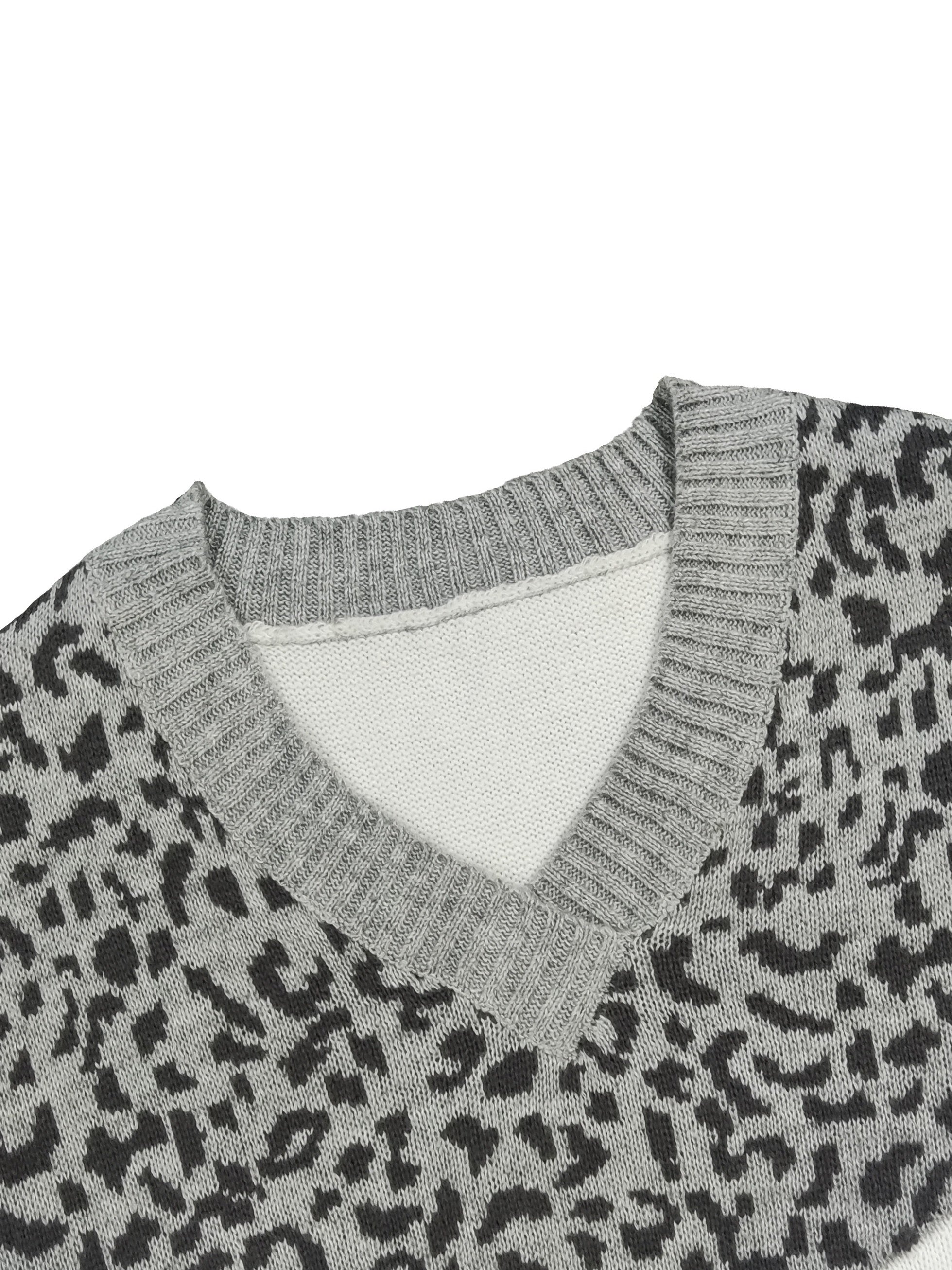 Colorblock Leopard Print V Neck Sweater