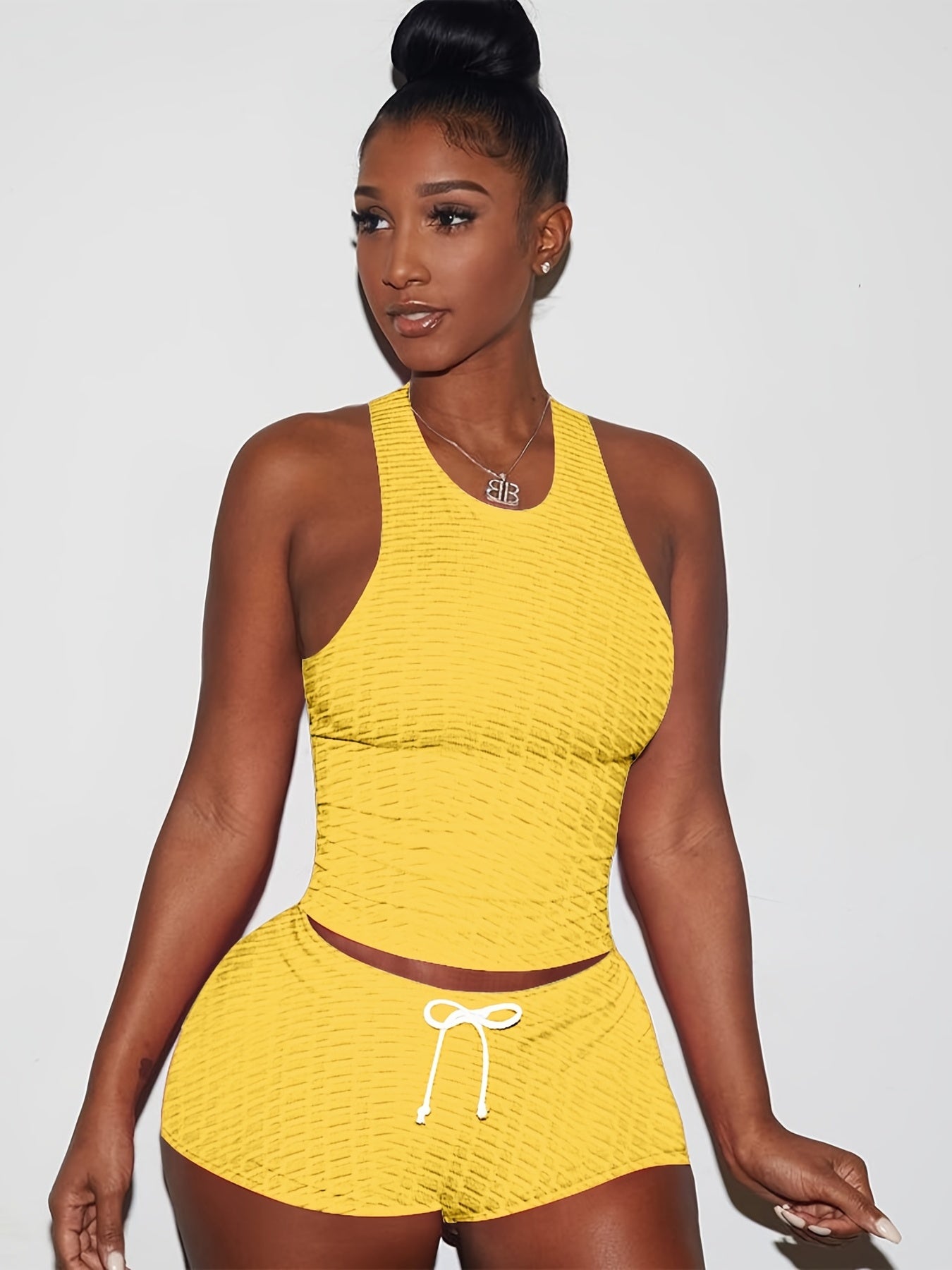 Plus Size Honeycomb Tank Top & Shorts Sports Outfits Set