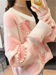 Heart Print V Neck Sweater with Faux Pearl Decor
