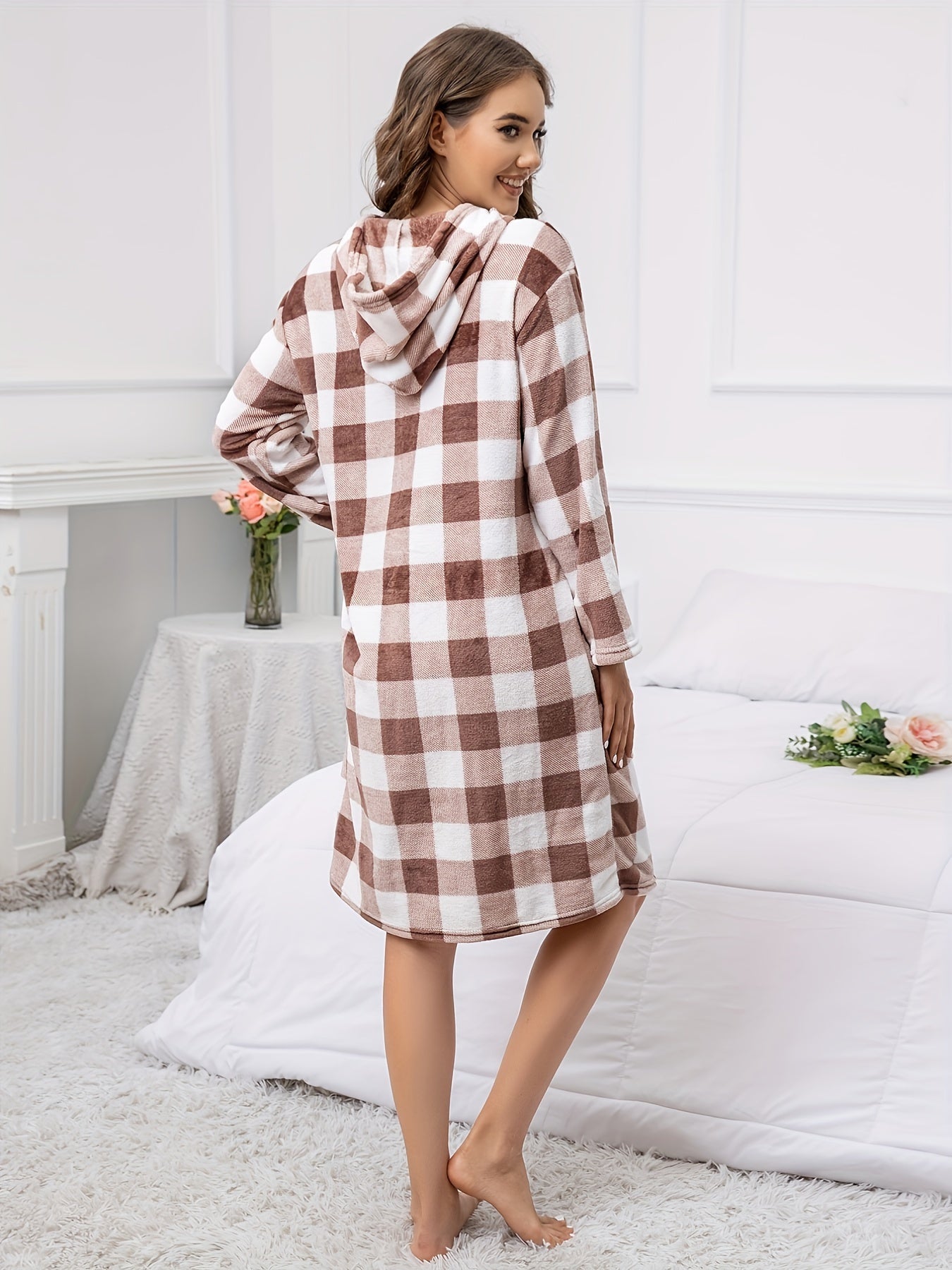 Plaid Fuzzy Hooded Night Robe Long Sleeve Robe With Pockets