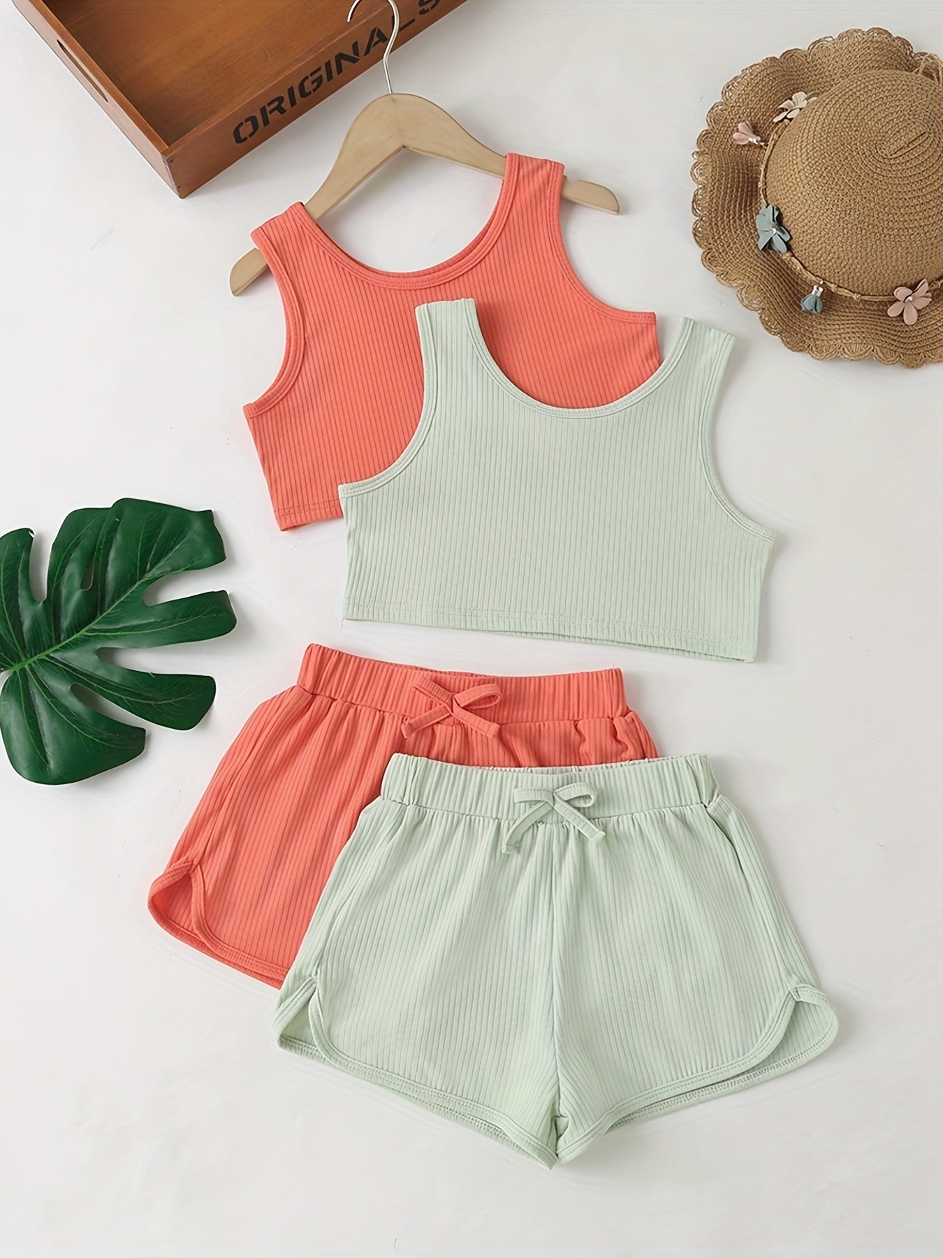 Girls Ribbed Crop Tank Top & Track Shorts Set Kids Summer Clothes