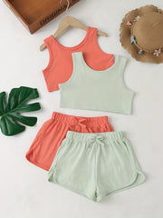 Girls Ribbed Crop Tank Top & Track Shorts Set Kids Summer Clothes