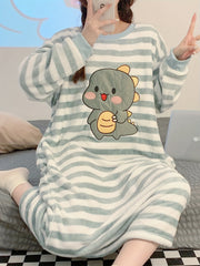 Cartoon Dinosaur Print NightDress Long Sleeve Crew Neck Fuzzy Pajama Dress