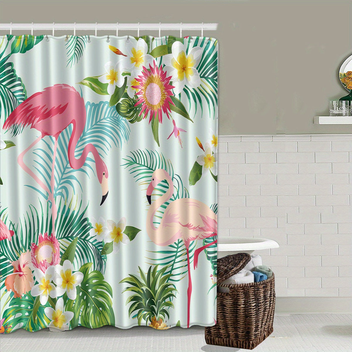 Flamingo Shower Curtain + Blanket Set, Modern Bathroom Decor
