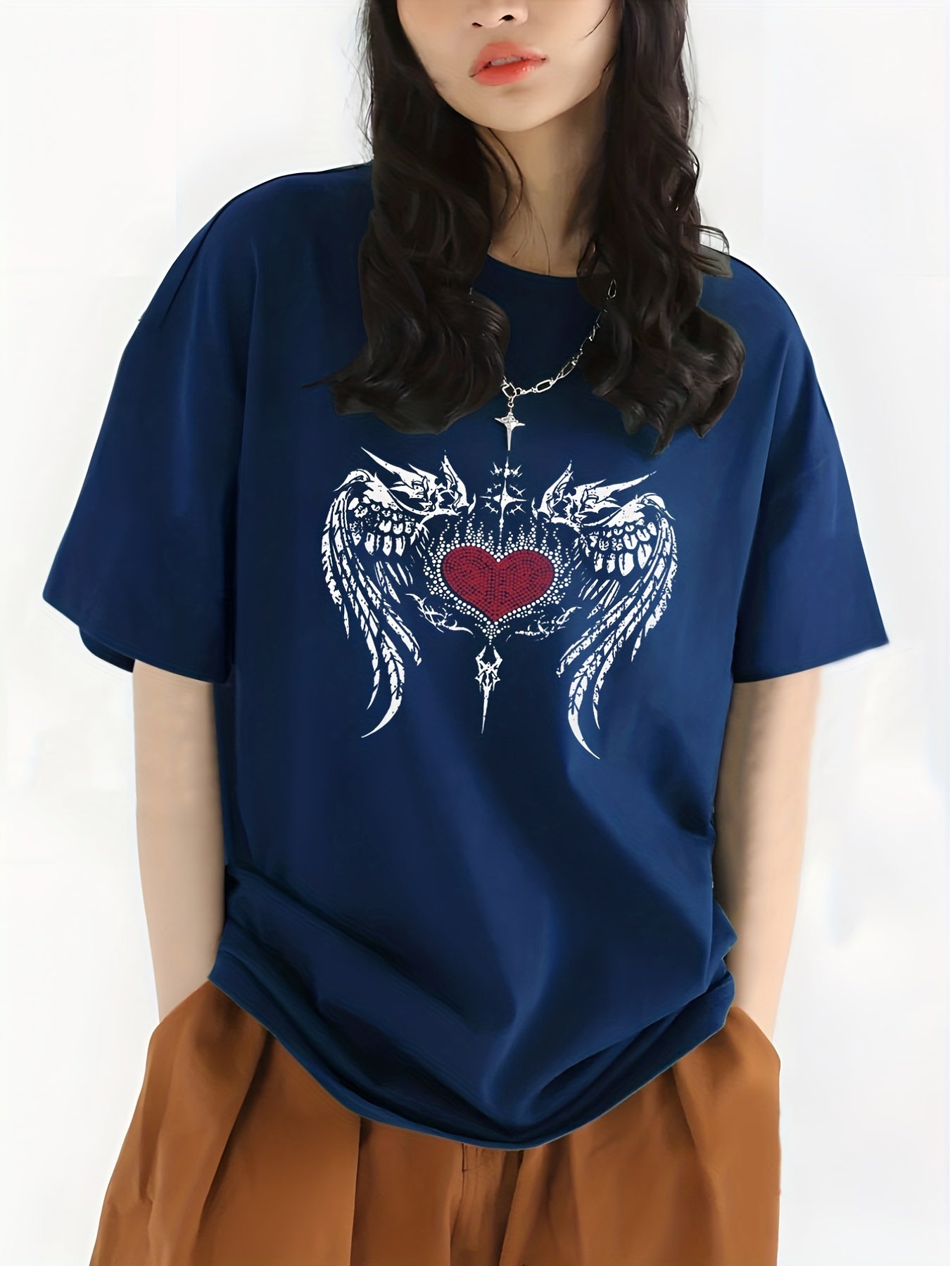 Wing & Heart Print T shirt Casual Crew Neck Short Sleeve Top