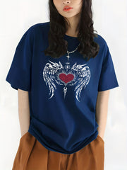 Wing & Heart Print T shirt Casual Crew Neck Short Sleeve Top