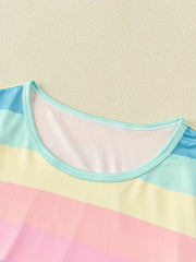 Rainbow Stripe Pajama Set Cozy Shorts & Crew Neck Top Women's Loungewear