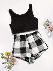 Fuzzy Lounge Set Crew Neck Tank Top & Plaid Shorts Women's Loungewear