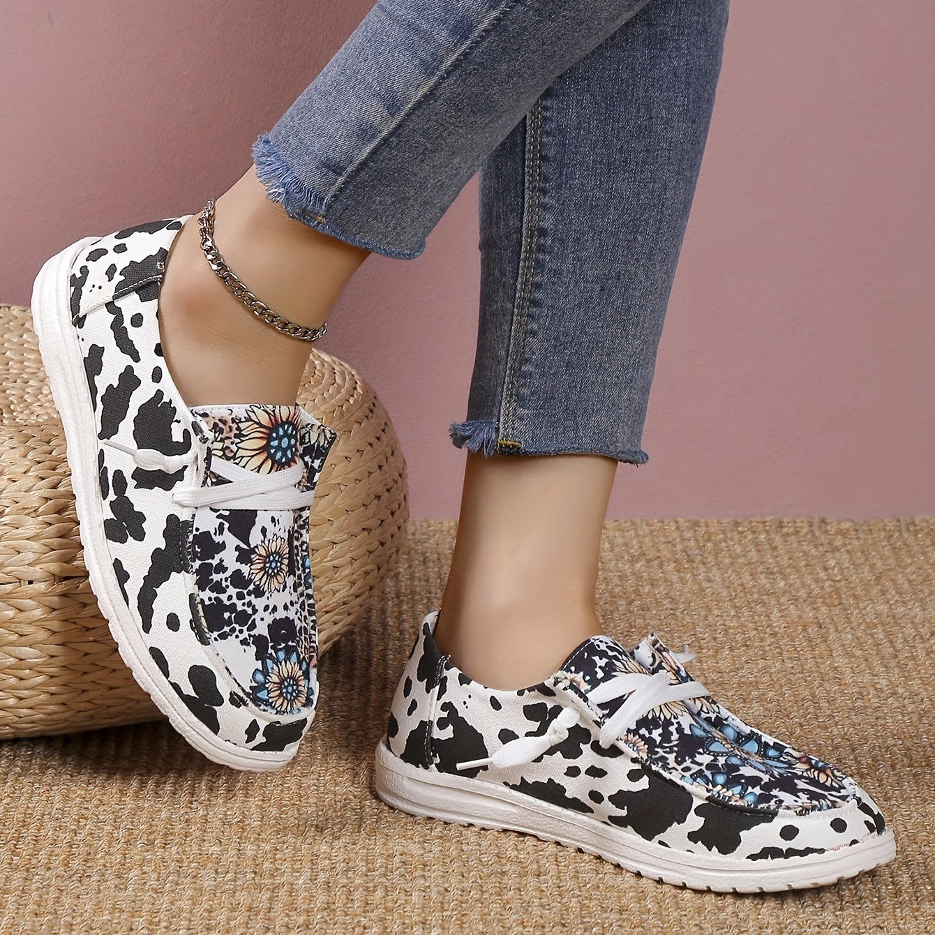 Sunflower & Cow Canvas Lace Up Sneakers