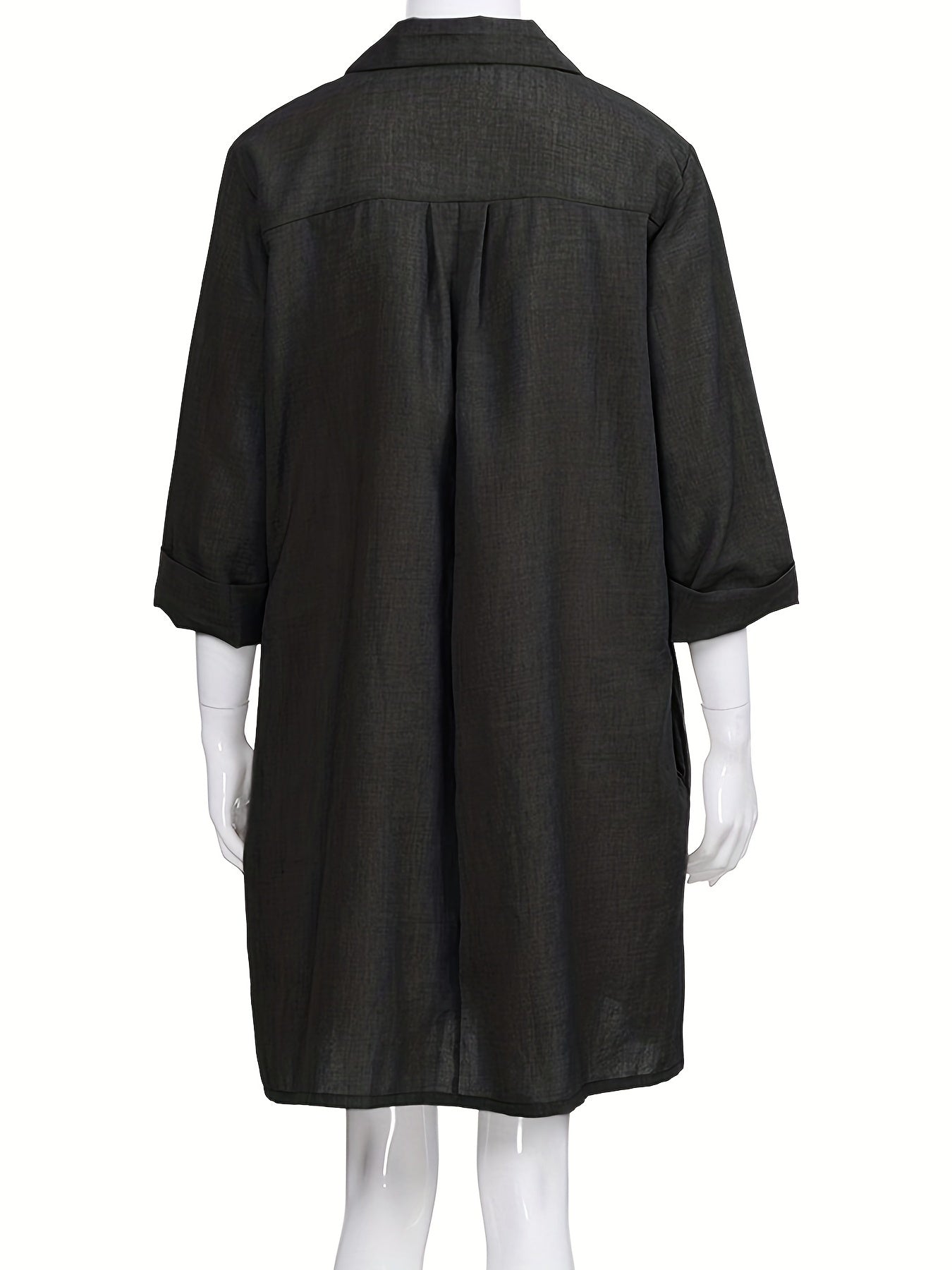 Solid Button Front Dress Casual 3 4 Sleeve Dress With Pockets Women's Clothing