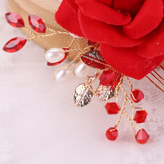 Red Rose Flower Hair Combs Bridal Headpiece Hair Accessories