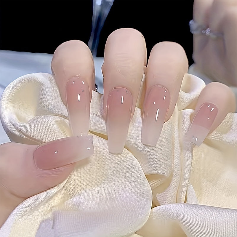24 pcs Pink Gradient Square Press On Nails Long Length Full Cover Acrylic False