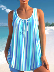 Striped Tankini Set Knot Front Tank Top & Shorts Swimsuit