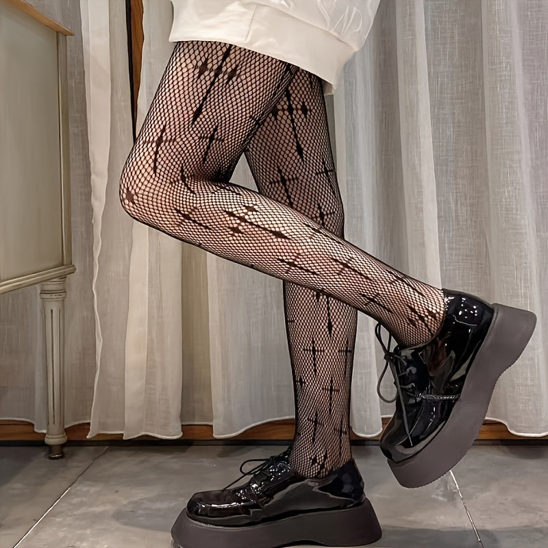 Gothic Cross Fishnet Tights Jacquard Hollow Out High Waist Mesh Pantyhose