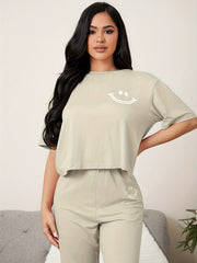 Smile Print Pajama Set Short Sleeve Tee Top & Pants Women's Sleepwear