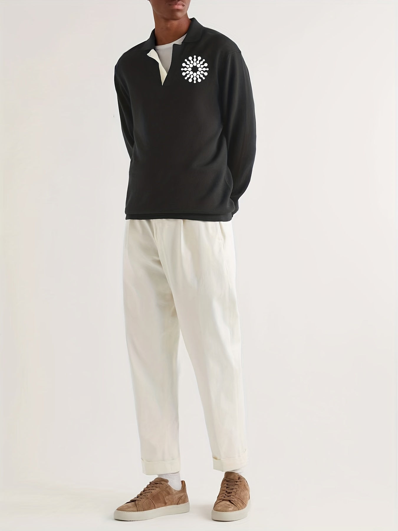 Geometric Pattern Knit Polo Shirt Men's Casual Lapel Pullover Sweater