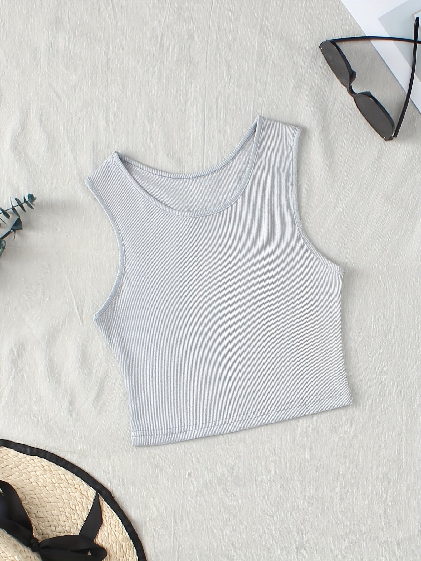 Ribbed Sleeveless Crop Top Round Neck Sports Tank