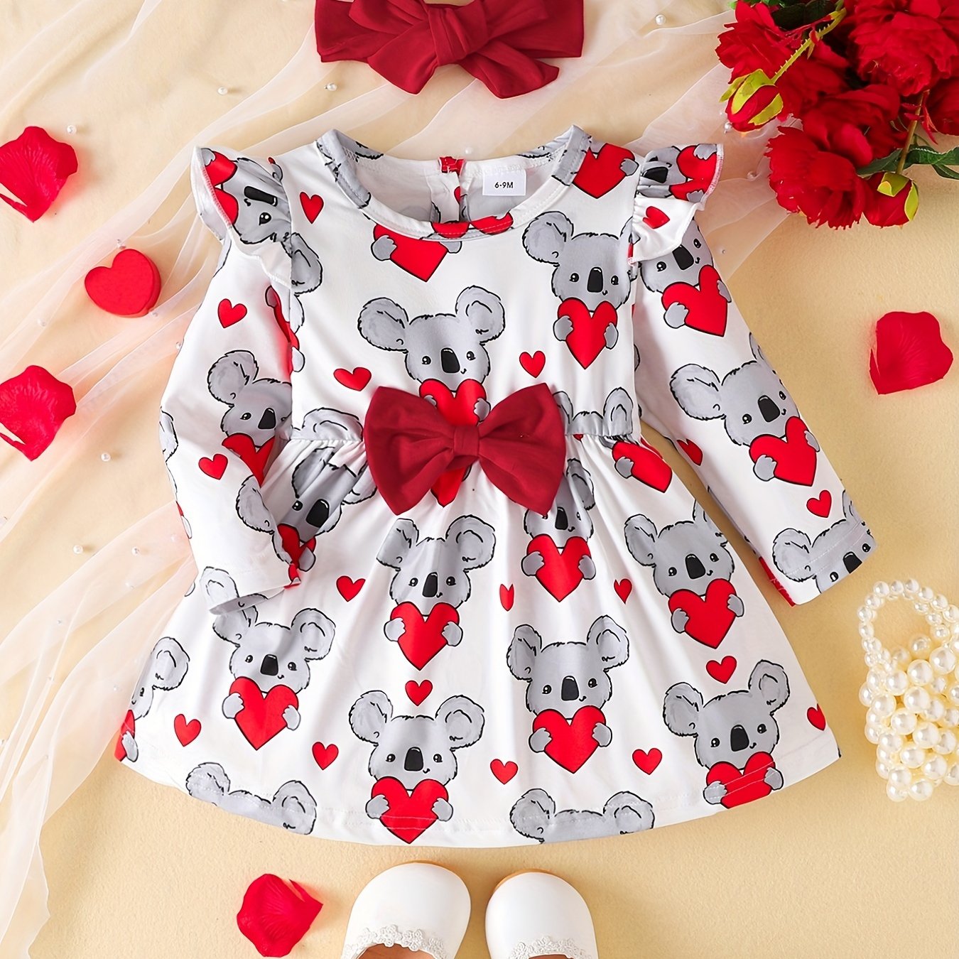 2pcs Baby Girls Heart And Bear Print Dress & Headband Set for Spring/Autumn