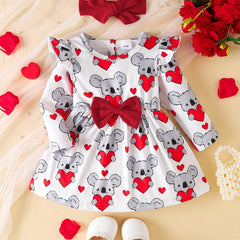 2pcs Baby Girls Heart And Bear Print Dress & Headband Set for Spring/Autumn