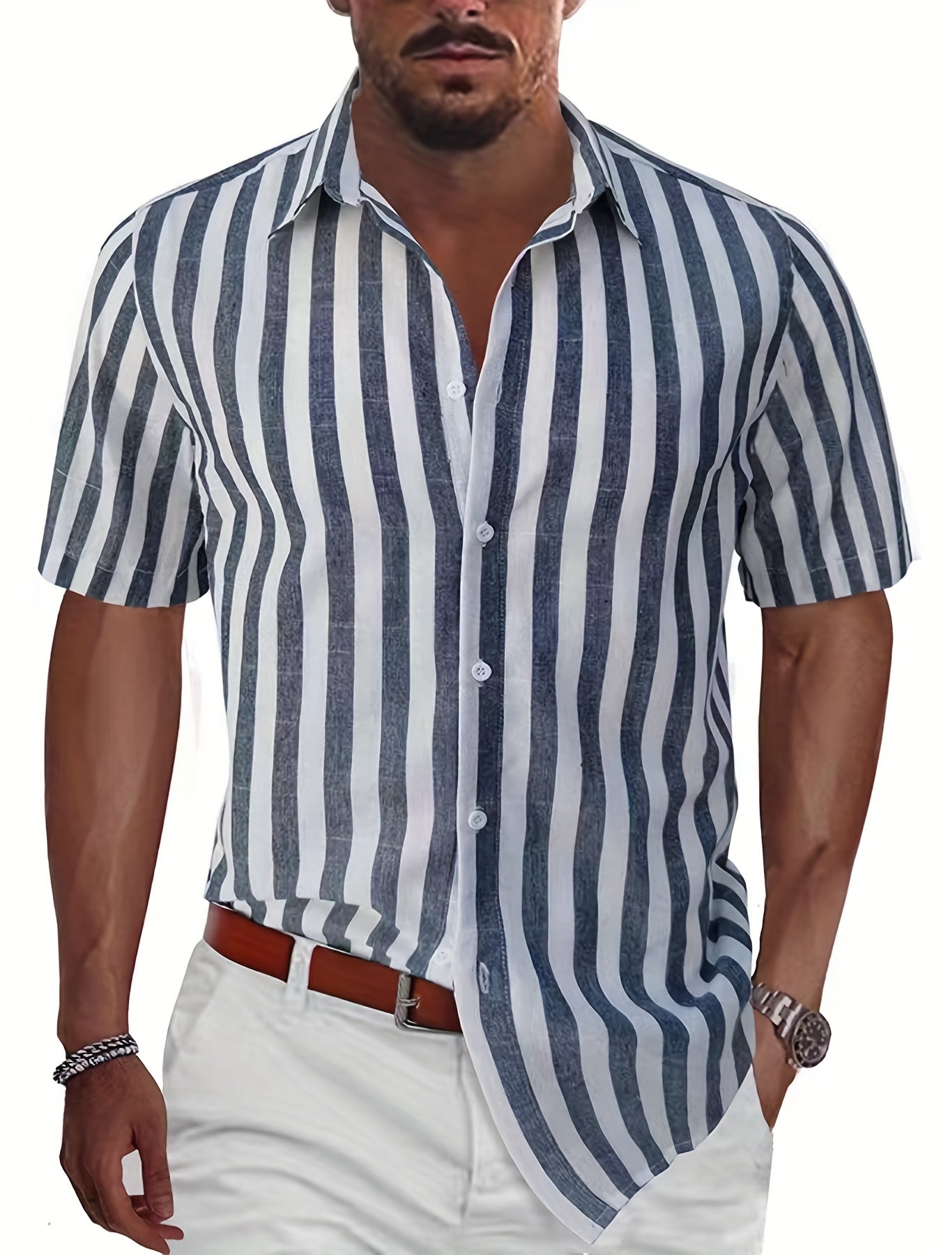Stripe Print Men's Casual Short Sleeve Shirt