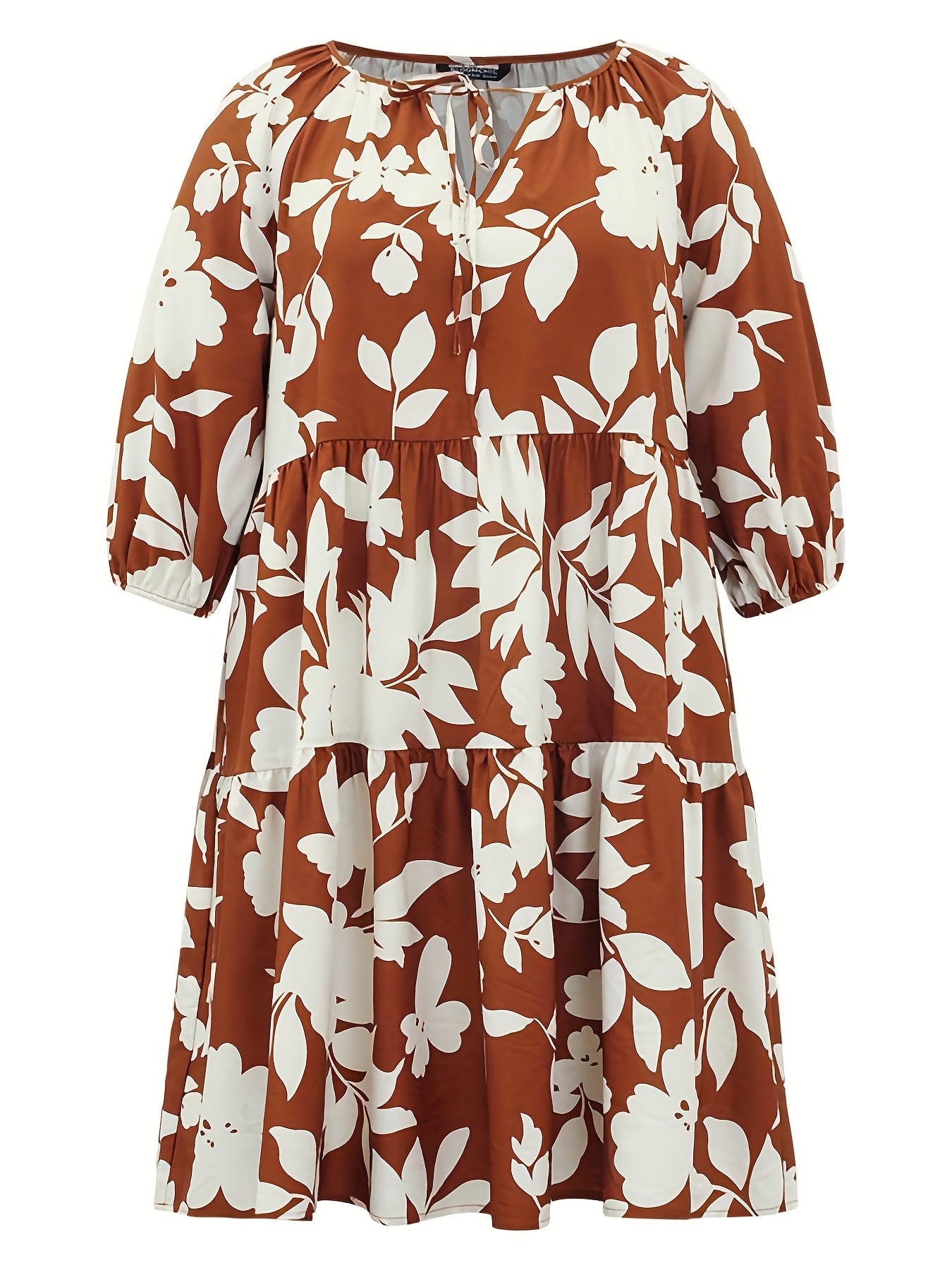 Women's Plus Leaf Print Half Sleeve Round Neck Keyhole Tie Dress