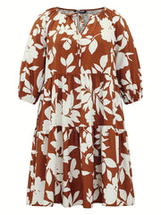 Women's Plus Leaf Print Half Sleeve Round Neck Keyhole Tie Dress