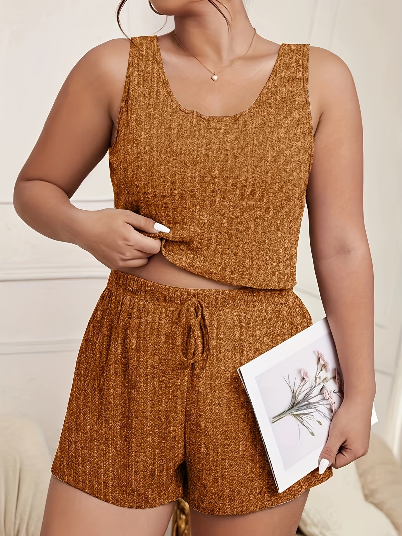 Ribbed Crop Tank Top & Tie Shorts Lounge Set
