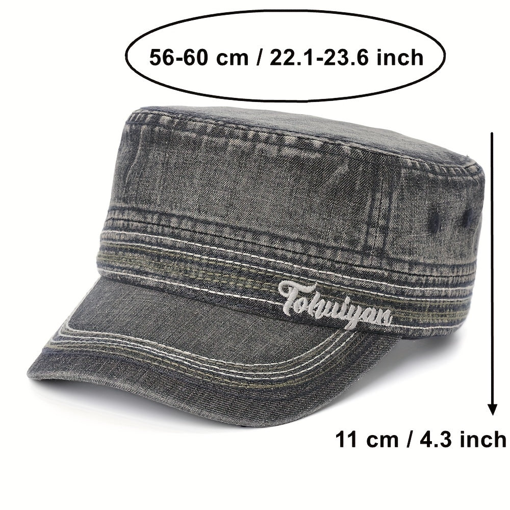 Washed Denim Military Cap Embroidered Army Hat Women Flat Top Cadet Hats