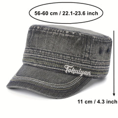 Washed Denim Military Cap Embroidered Army Hat Women Flat Top Cadet Hats