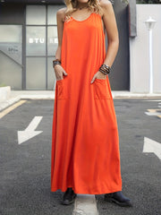 Solid V Neck Stretch Maxi Tank Dress With Pockets