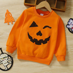 Kid's Pumpkin Print Fleece Pullover Crew Neck Sweatshirt