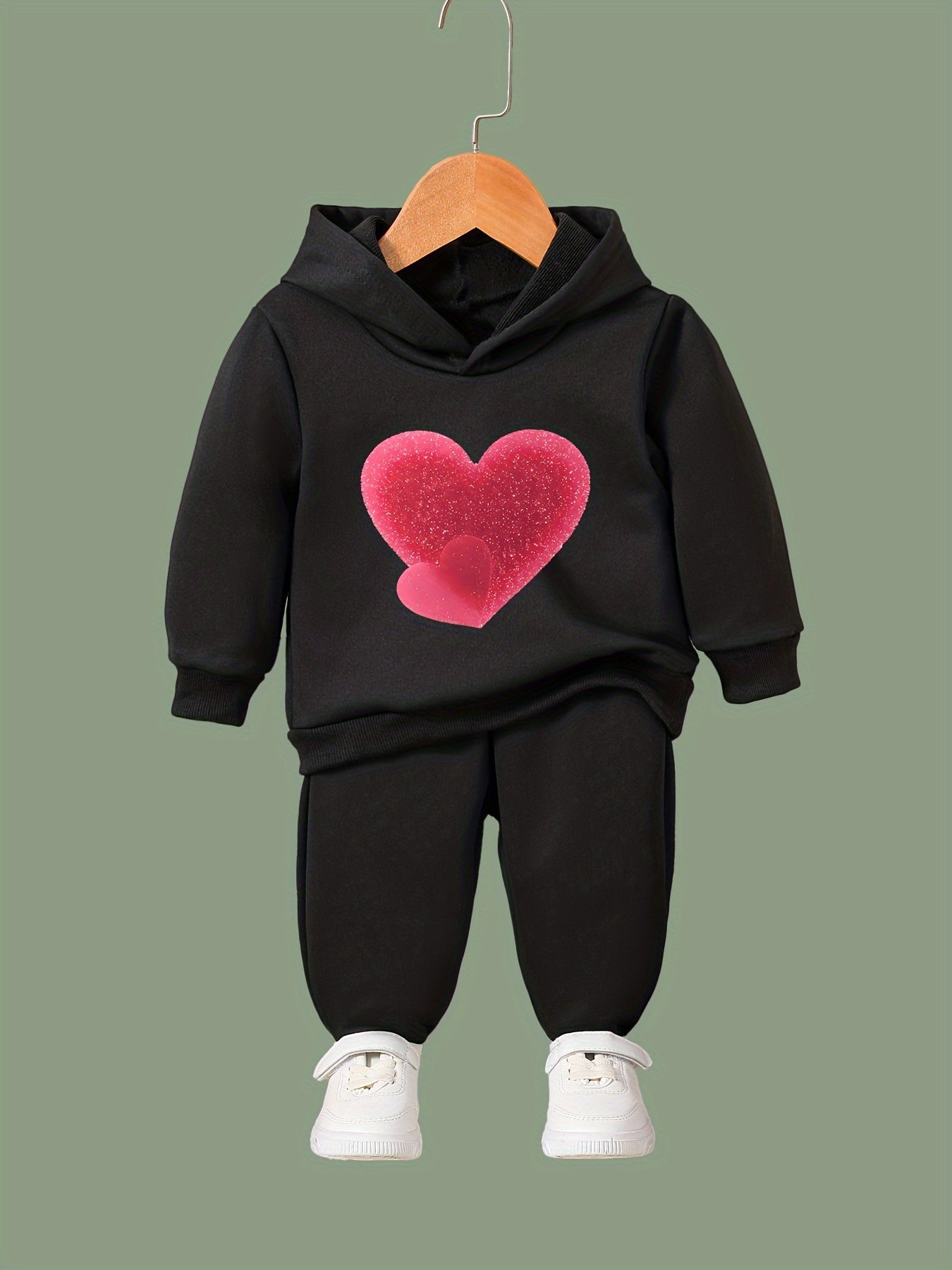 Girls 2pcs Heart Pattern Hooded Sweatshirt and Sweatpants Set