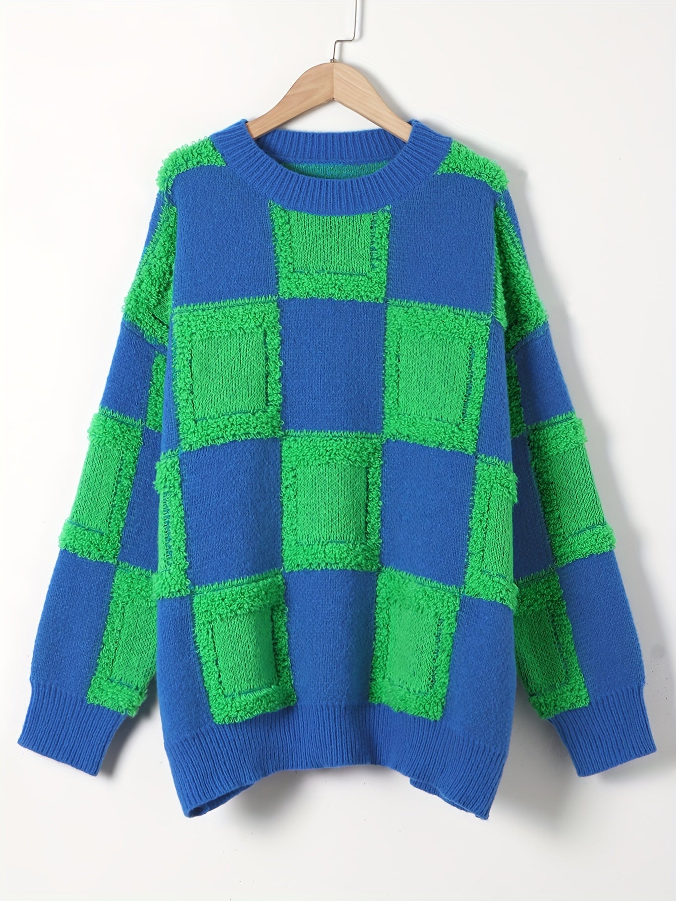 Y2K Checker Pattern Sweater Long Sleeve Round Neck Pullover Jumper